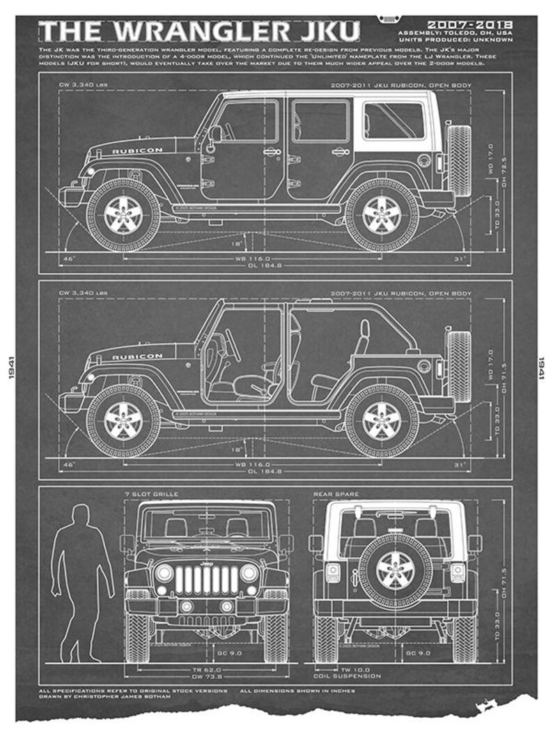 May include: A technical blueprint poster titled THE WRANGLER JKU 2007-2018. It displays side, front, and rear views of a Jeep Wrangler with technical specifications, dimensions in inches, and descriptive text on a dark gray background.
