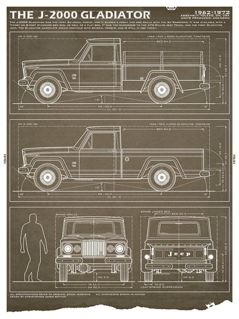 J-2000 Gladiator Jeep Blueprint: niet-ingelijste muurafdruk Bruin