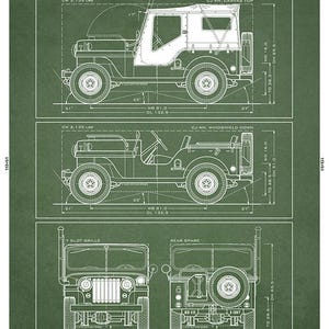 May include: Detailed blueprint of the CJ-4M Jeep, a prototype vehicle with civilian and military variants. The technical drawing presents the Jeep from various perspectives, including a top view with a canvas top. Dimensions are in inches.
