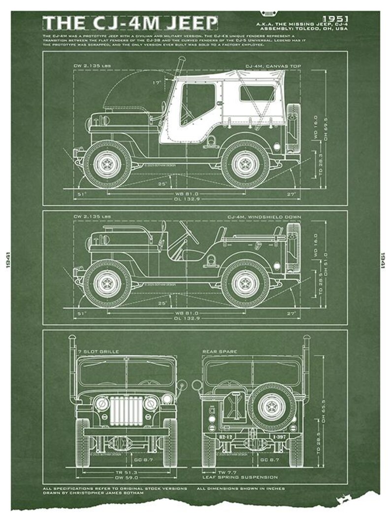 May include: Detailed blueprint of the CJ-4M Jeep, a prototype vehicle with civilian and military variants. The technical drawing presents the Jeep from various perspectives, including a top view with a canvas top. Dimensions are in inches.