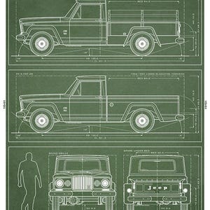 J-2000 Gladiator Jeep Blueprint: niet-ingelijste muurafdruk Groen