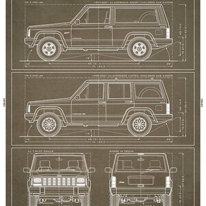 May include: A brown technical blueprint poster titled THE XJ CHEROKEE 1984-2002. It displays side, front, and rear line drawings of the vehicle with technical specifications, dimensions in inches, and descriptive text about the model's history.