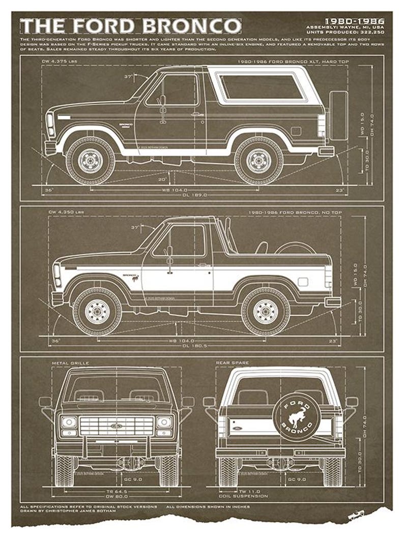 Ford Bronco Third-Gen Blueprint - Wall Print Brown