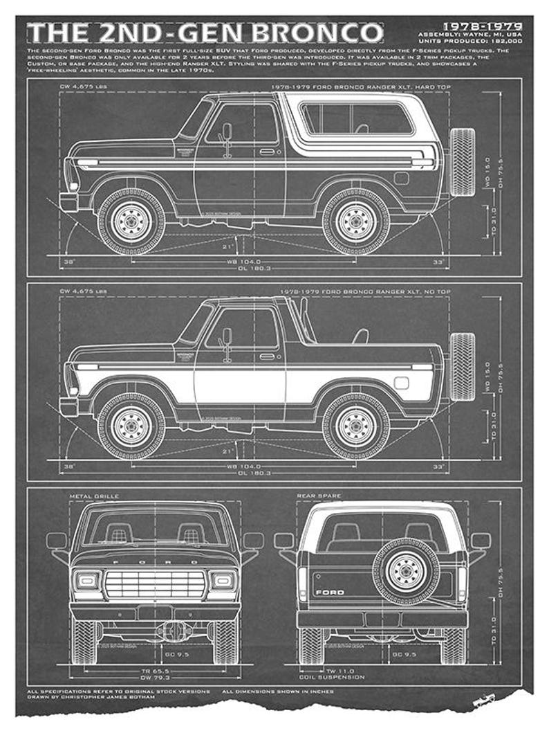 Ford Bronco Second-Gen Blueprint - Wall Print Grey