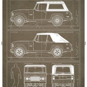 May include: Blueprint-style illustration of the C-104 Commando from 1972-1973, featuring hardtop and canvas top versions. Includes front, side, and rear views with dimensions in inches. The text reads "THE C-104 COMMANDO" and "Jeep".
