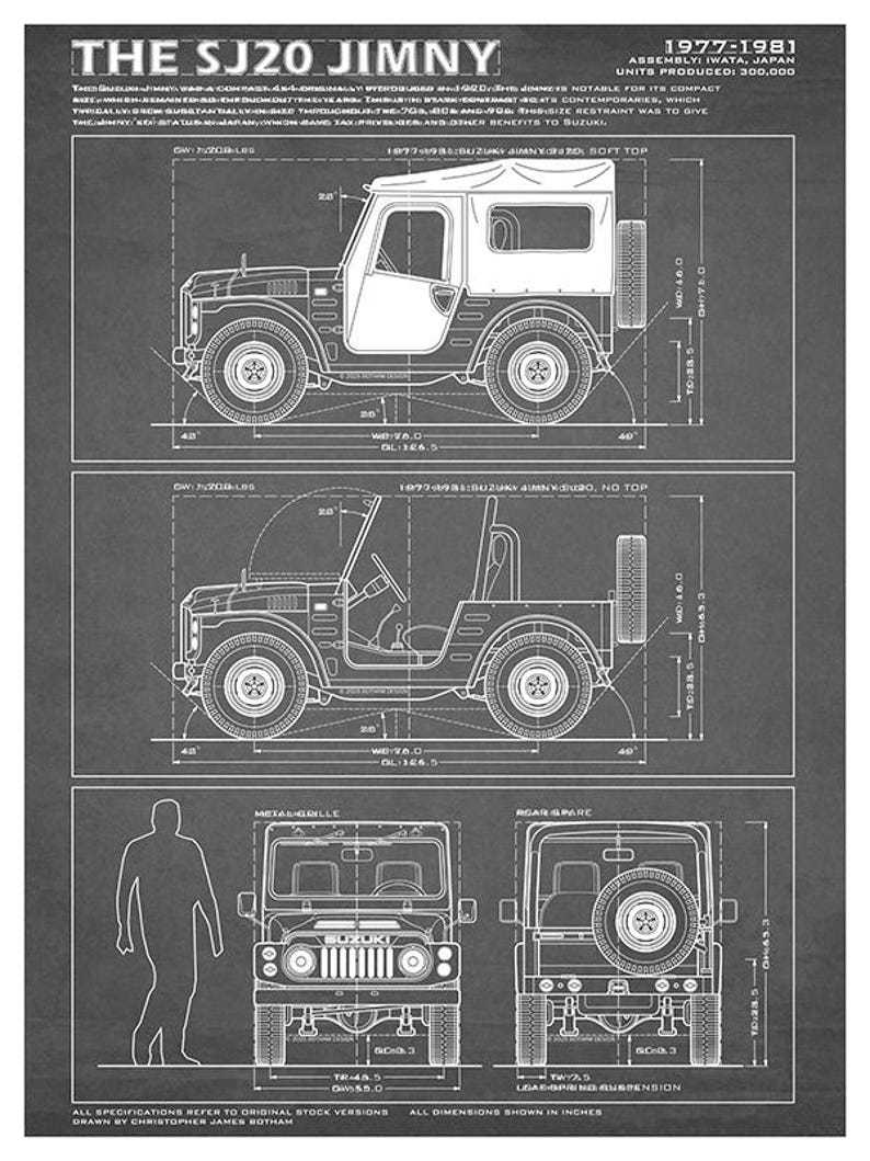 Suzuki LJ80 / SJ20 Jimny Blueprint - Wall Print Grey