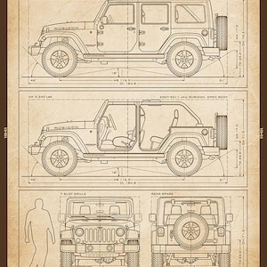 May include: A technical blueprint print titled THE WRANGLER JKU 2007-2018 featuring side, front, and rear line drawings of a Jeep Wrangler. The sepia-toned document includes detailed vehicle specifications, dimensions in inches, and text descriptions.