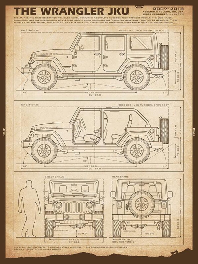 May include: A technical blueprint print titled THE WRANGLER JKU 2007-2018 featuring side, front, and rear line drawings of a Jeep Wrangler. The sepia-toned document includes detailed vehicle specifications, dimensions in inches, and text descriptions.