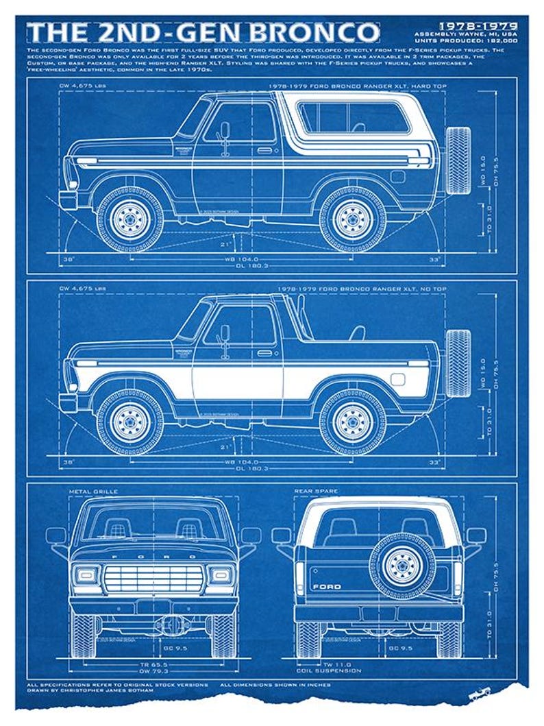 Ford Bronco Second-Gen Blueprint - Wall Print Blue