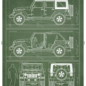 May include: A green technical blueprint poster titled THE WRANGLER JKU 2007-2018. It displays side, front, and rear elevation views of a Jeep Wrangler Rubicon with white line drawings, technical specifications, and dimensions in inches.