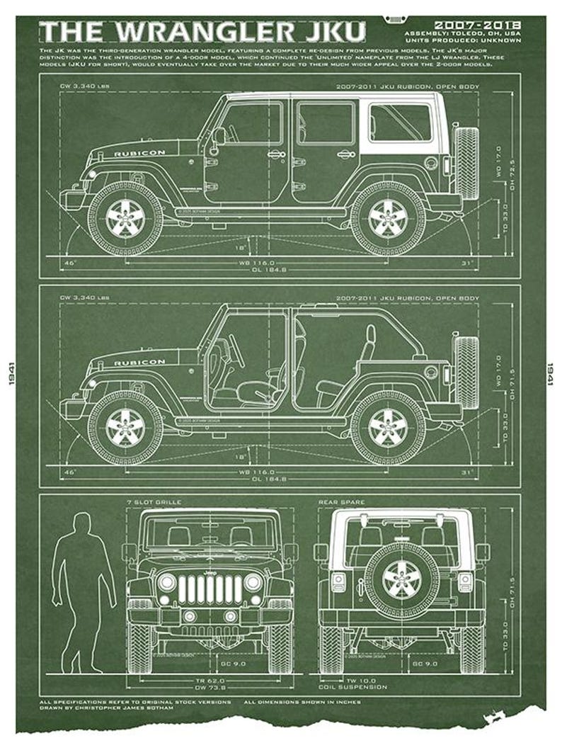 May include: A green technical blueprint poster titled THE WRANGLER JKU 2007-2018. It displays side, front, and rear elevation views of a Jeep Wrangler Rubicon with white line drawings, technical specifications, and dimensions in inches.