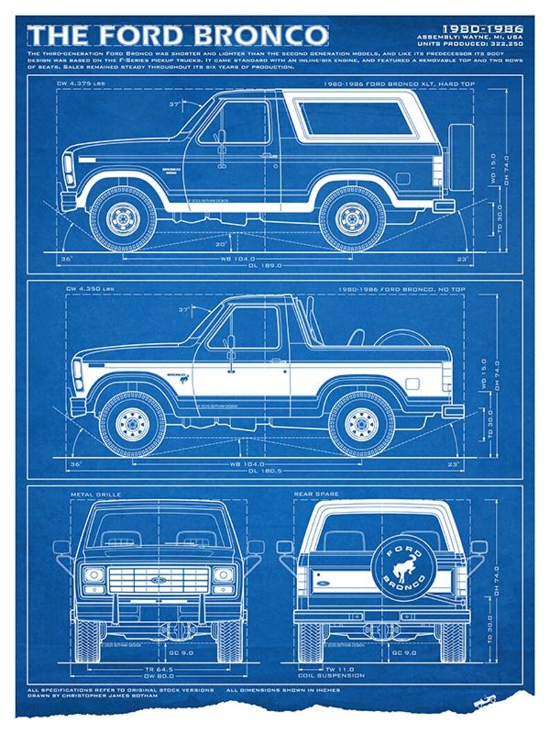 Ford Bronco Third-Gen Blueprint - Wall Print Blue