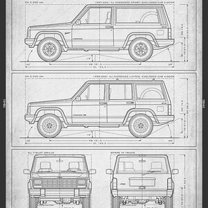 May include: A technical blueprint poster titled The XJ Cherokee 1984-2002 featuring side, front, and rear elevation line drawings of the vehicle. The print includes detailed specifications, dimensions in inches, and descriptive text about the model.