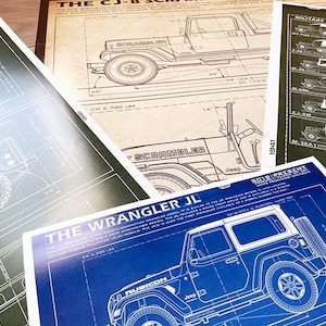May include: A collection of Jeep blueprints in various styles. The CJ-8 Scrambler, Wrangler JL, and other models are depicted in detailed technical drawings. The color palette includes blue, green, and tan, with white line art. The text "SCRAMBLER" and "RUBICON" are visible.