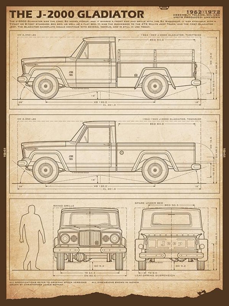 J-2000 Gladiator Jeep Blueprint: niet-ingelijste muurafdruk Parchment