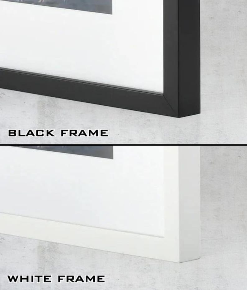 May include: A split-view display showing two rectangular picture frames. The top section features a black frame with the text BLACK FRAME below it. The bottom section features a white frame with the text WHITE FRAME below it. Both frames include a white mat.