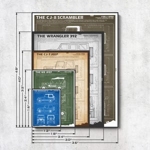 May include: A collection of five rectangular posters featuring technical blueprint illustrations of Jeep vehicles, including the CJ-8 Scrambler, Wrangler 392, CJ-7, MB, and Wrangler TJ, with visible dimension lines and labels ranging from 30 to 122 cm.