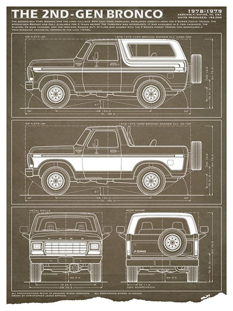 Ford Bronco Second-Gen Blueprint - Wall Print Brown