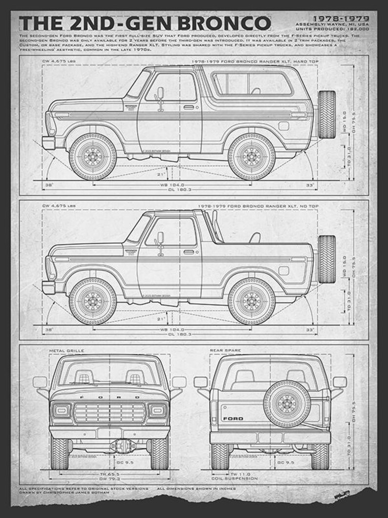 Ford Bronco Second-Gen Blueprint - Wall Print Paper