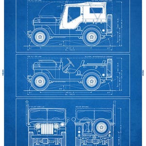 May include: A blueprint of the CJ-4M Jeep, displaying the vehicle's design from various perspectives. Dimensions are in inches, with details of the canvas top and windshield down configurations. The text includes specifications and the year 1951.