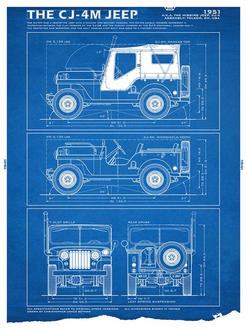 May include: A blueprint of the CJ-4M Jeep, displaying the vehicle's design from various perspectives. Dimensions are in inches, with details of the canvas top and windshield down configurations. The text includes specifications and the year 1951.