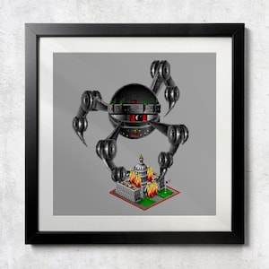 May include: Framed print featuring a retro-style illustration of a robotic sphere with articulated legs, hovering over a burning building. The artwork has a gray background and is framed in black.