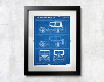 YJ Wrangler Jeep Blueprint: niet-ingelijste muurafdruk
