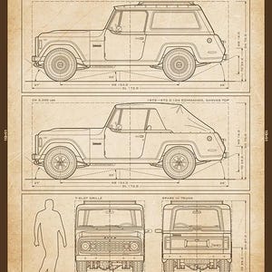 May include: Vintage blueprint-style illustration of a 1972-1973 C-104 Commando Jeep, showcasing hardtop and canvas top versions, with detailed dimensional drawings in inches. Includes front and rear views, and specifications.
