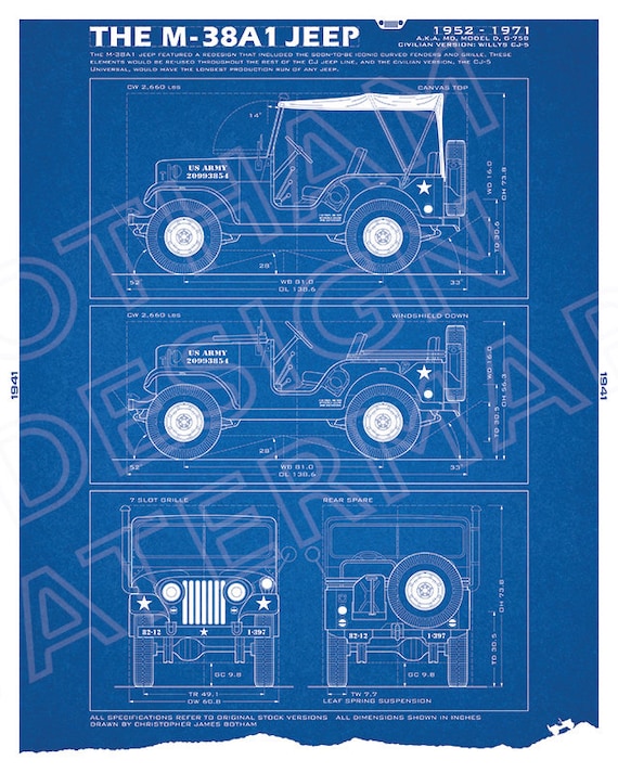 Willys M-38A1 Military Jeep Blueprint Unframed Wall Print 