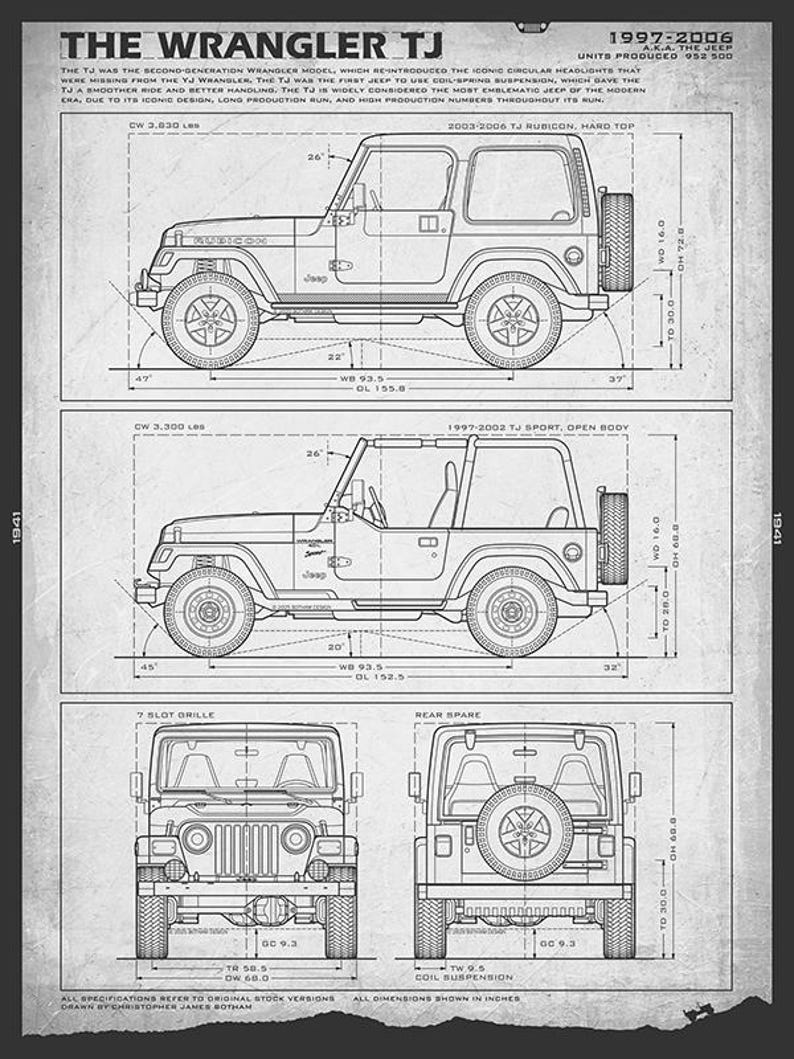 TJ Wrangler Jeep Blueprint - Wall Print Paper