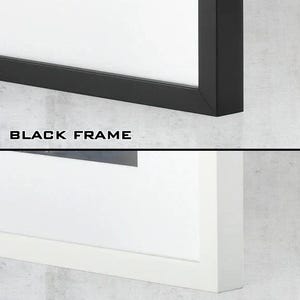May include: A split-view display showing two rectangular picture frames. The top section features a black frame with the text BLACK FRAME below it. The bottom section features a white frame with the text WHITE FRAME below it. Both frames include a white mat.