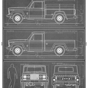 J-2000 Gladiator Jeep Blueprint: niet-ingelijste muurafdruk Grey