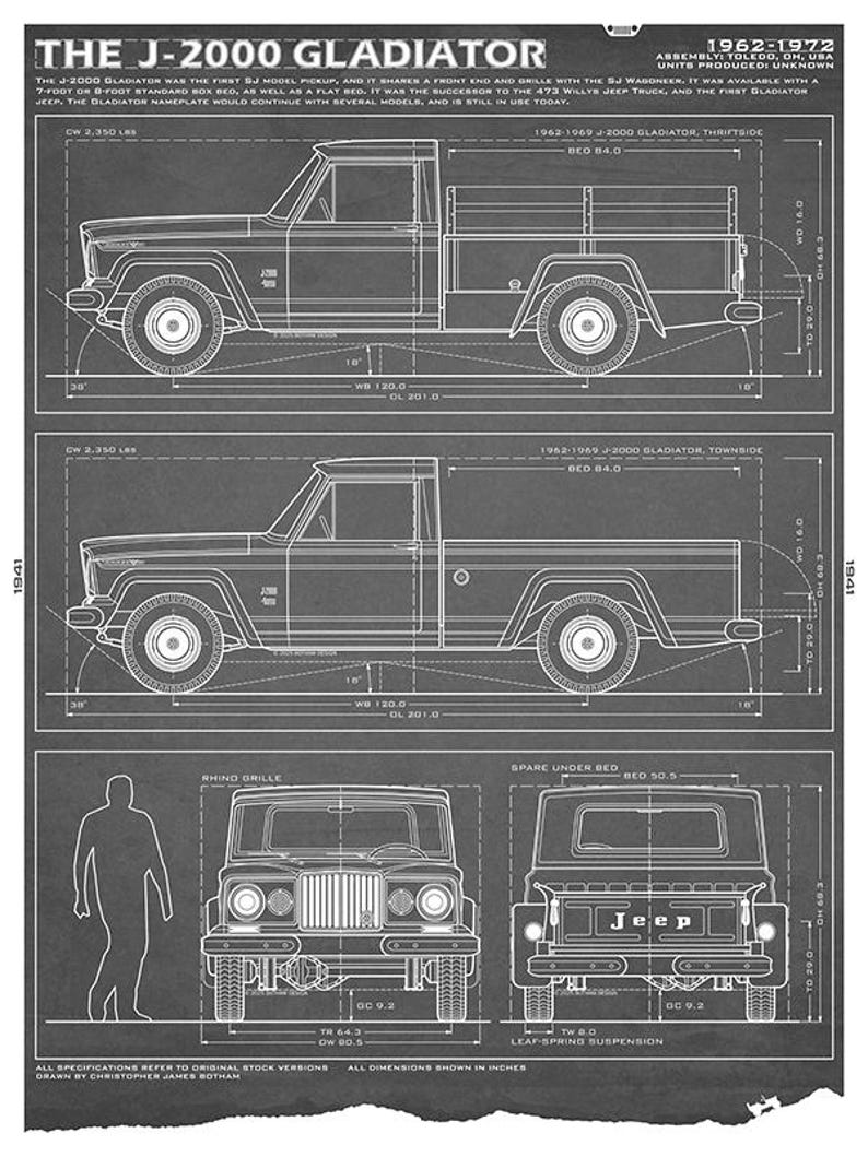 J-2000 Gladiator Jeep Blueprint: niet-ingelijste muurafdruk Grey