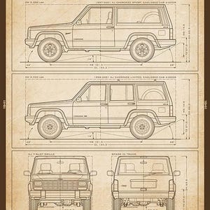 May include: A technical blueprint poster titled The XJ Cherokee 1984-2002, featuring side, front, and rear line drawings of the vehicle. The sepia-toned print includes detailed specifications, dimensions in inches, and descriptive text about the model.