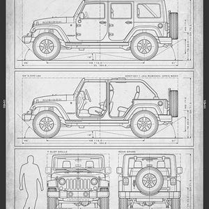 May include: A technical blueprint print titled THE WRANGLER JKU 2007-2018 featuring side, front, and rear views of the vehicle. The diagram includes detailed line drawings, technical specifications, and measurements in inches for the Jeep model.