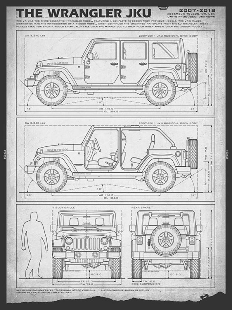 May include: A technical blueprint print titled THE WRANGLER JKU 2007-2018 featuring side, front, and rear views of the vehicle. The diagram includes detailed line drawings, technical specifications, and measurements in inches for the Jeep model.
