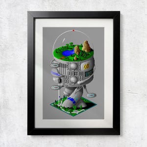 May include: Framed art print featuring a pixelated, futuristic robot with a landscape on its head. The robot has a silver body with detailed panels and a green and blue landscape. The artwork is framed in a black frame and set against a white wall.
