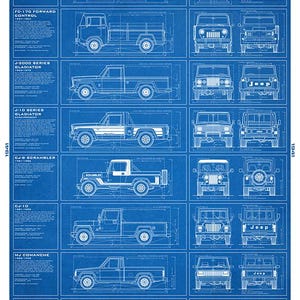 May include: Blue blueprint-style poster showcasing the evolution of the Jeep truck from 1941 to the present. Features detailed side and front views of various Jeep models, including the Willys, Gladiator, and Comanche. Text at the top reads "The Evolution of the Jeep Truck."