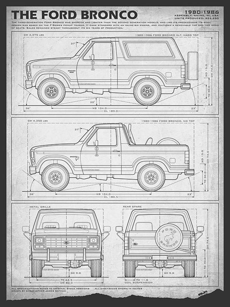 Ford Bronco Third-Gen Blueprint - Wall Print Paper
