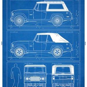 May include: Blueprint-style poster of the 1972-1973 C-104 Commando Jeep. The poster includes top, side, and front views, with measurements in inches. The text details the vehicle's features and production numbers. The poster is blue and white.