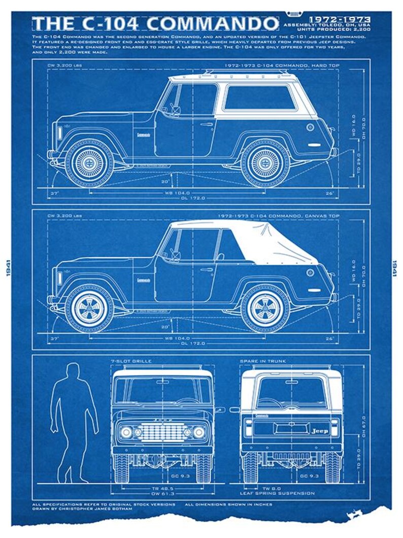 May include: Blueprint-style poster of the 1972-1973 C-104 Commando Jeep. The poster includes top, side, and front views, with measurements in inches. The text details the vehicle's features and production numbers. The poster is blue and white.