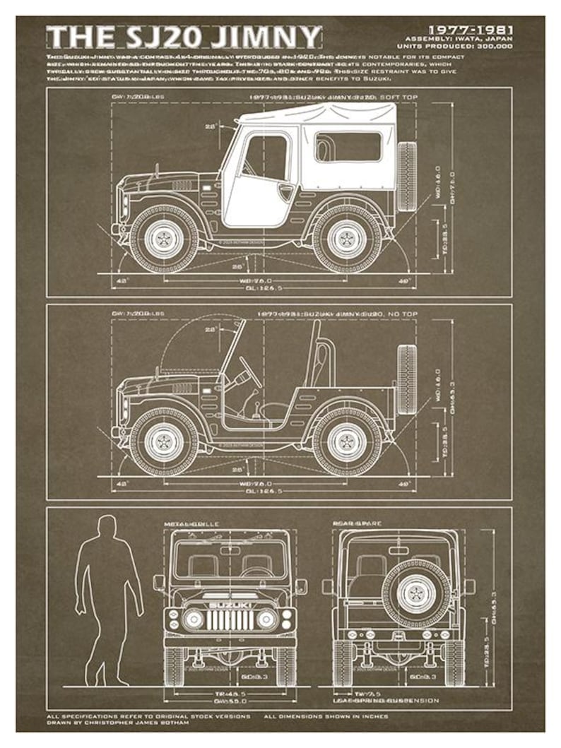 Suzuki LJ80 / SJ20 Jimny Blueprint - Wall Print Brown