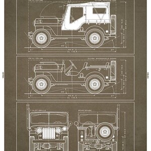 May include: Detailed blueprint of the 1951 CJ-4M Jeep, featuring multiple views and dimensions in inches. The image includes the text "THE CJ-4M JEEP" at the top. The drawing provides technical details of the vehicle's design, with measurements.