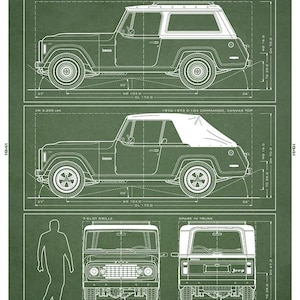 May include: Green blueprint-style illustration of a 1972-1973 C-104 Commando Jeep. The image includes side and front views, with dimensions in inches. Text details the vehicle's features and production numbers. The Jeep has a hard top and canvas top versions.