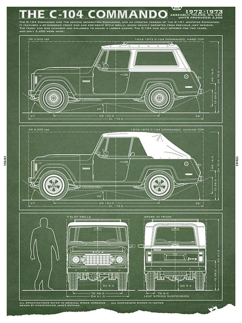 May include: Green blueprint-style illustration of a 1972-1973 C-104 Commando Jeep. The image includes side and front views, with dimensions in inches. Text details the vehicle's features and production numbers. The Jeep has a hard top and canvas top versions.