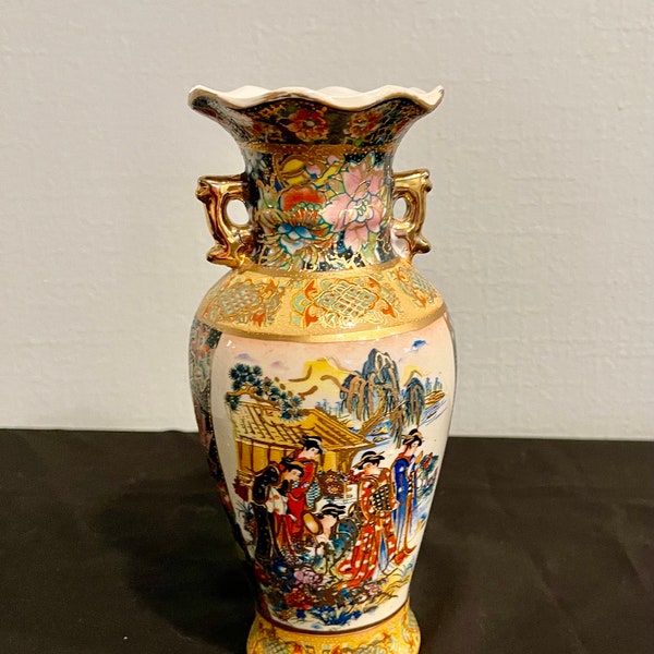 Vintage Japanese satsuma moriage style multicolored vase