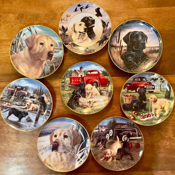 Set of 8 Labrador dog Franklin Mint Collectors Plates by Royal Daulton plus 6 vintage Van Hygan & Smythe Decorative plate holders