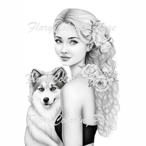 Grayscale Beauty woman, Coloring Pages for Adult, girl with dog, girl with husky, Printable Adult Coloring Pages, Digital Premium Grayscale
