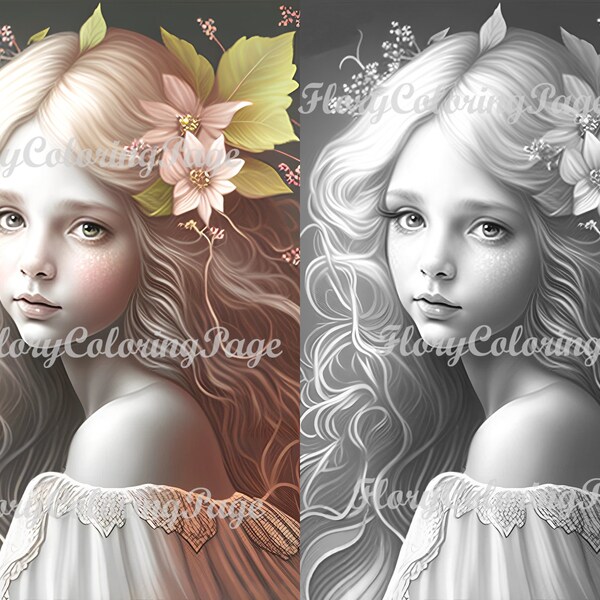 Delicate Fairy Girl, Cute fairy female child Coloring Page, Printable Adult Coloring Pages Book, Download Premium Grayscale Illustration