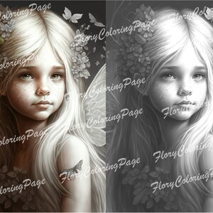 Delicate Fairy Girl, Cute fairy female child Coloring Page, Printable Adult Coloring Pages Book, Download Premium Grayscale Illustration